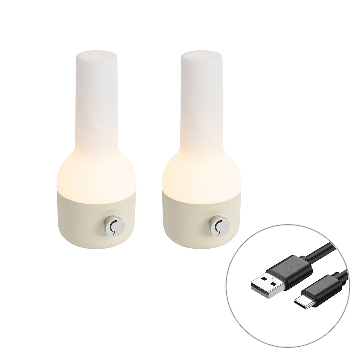 2 darabos kültéri asztali lámpa szett bézs fehérrel, újratölthető LED-del - Haard