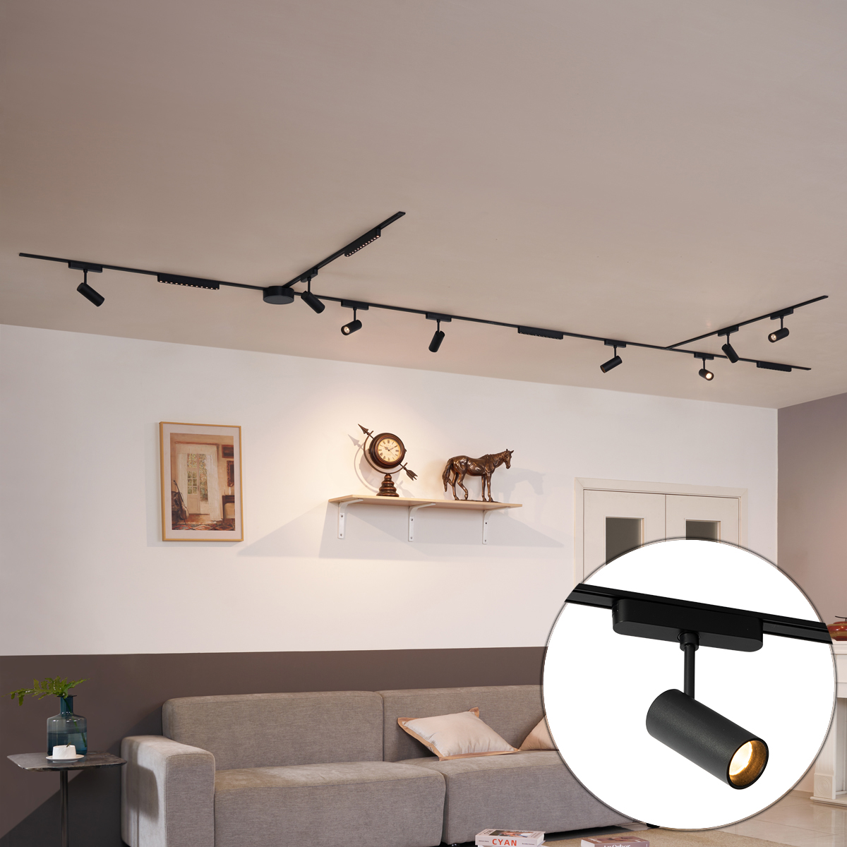 Koľajnicový systém s 8 bodovými svetlami a 4 stropnými svetlami čierny 1-fázový - Magnetic Gert Puntua