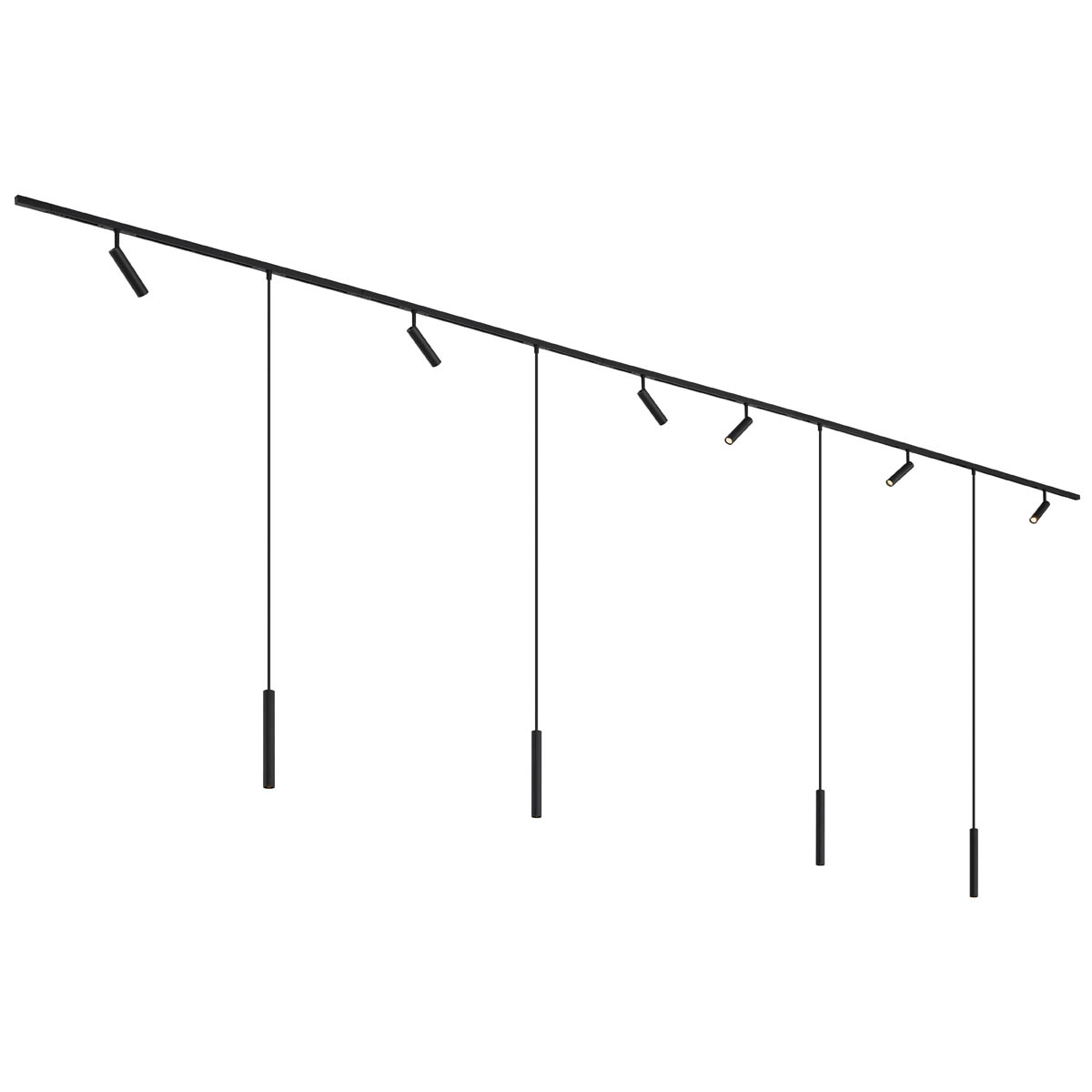 Sistema de iluminación de riel moderno con 6 focos y 4 luces colgantes negras monofásicas - Slimline Uzzy Keno