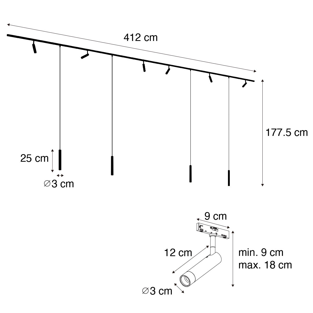 Sistema de iluminación de riel moderno con 6 focos y 4 luces colgantes negras monofásicas - Slimline Uzzy Keno