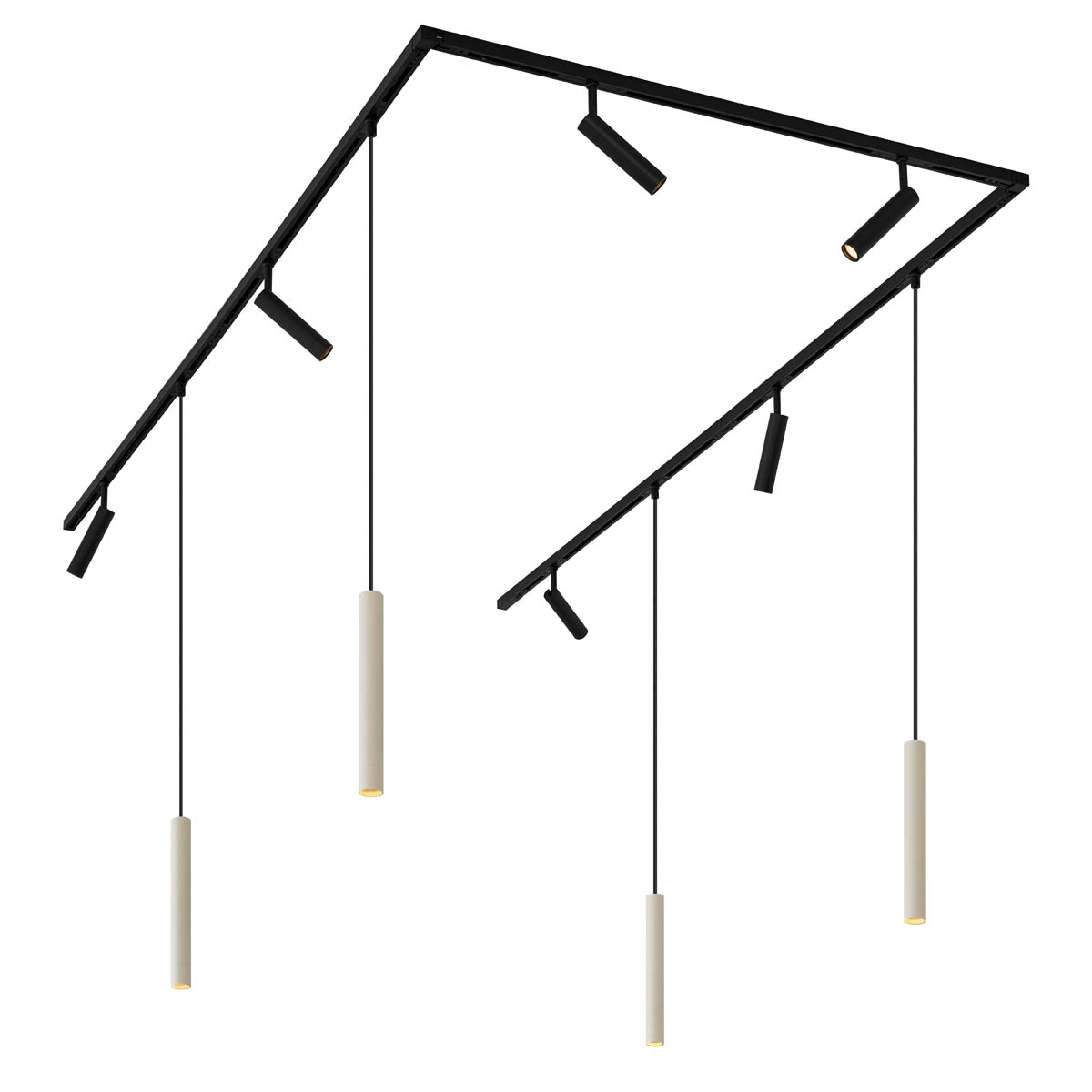 Modern sínrendszer 6 spotlámpával és 4 függőlámpa beépítéssel bézs és fekete színben, 1 fázisú - Slimline Uzzy Keno