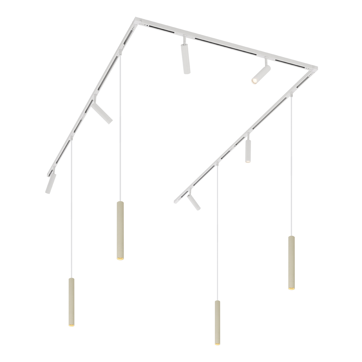 Modern sínrendszer 6 spotlámpával és 4 függőlámpa fehér és bézs színben, 1 fázisú - Slimline Uzzy Keno