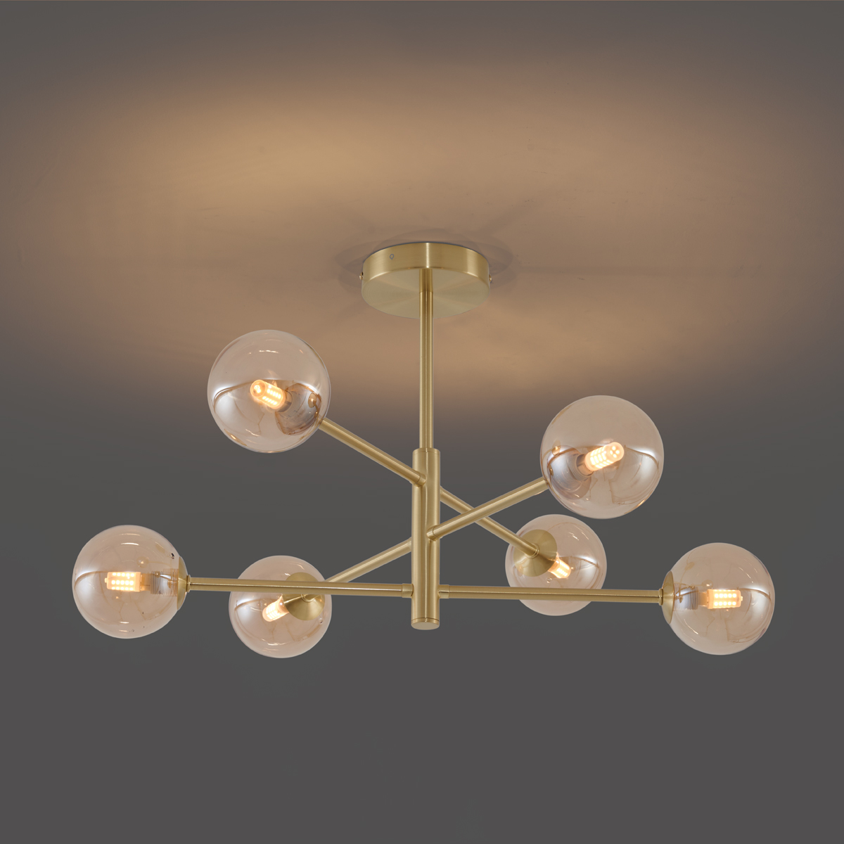 Modern Ceiling Lamp Brass with Amber Glass 6-Lights - Ryan