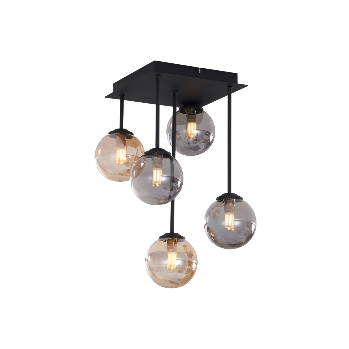 Moderné stropné svietidlo čierne s jantárovým a dymovým sklom 5 svetiel - Atény