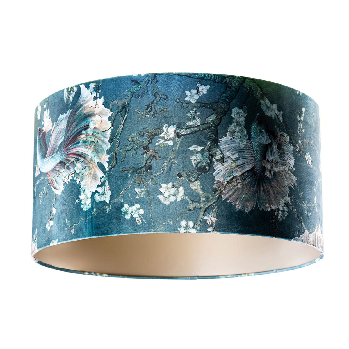 Zamatový tienidlo na lampu s motívom rýb a vnútornou taupe farbou 50/50/25