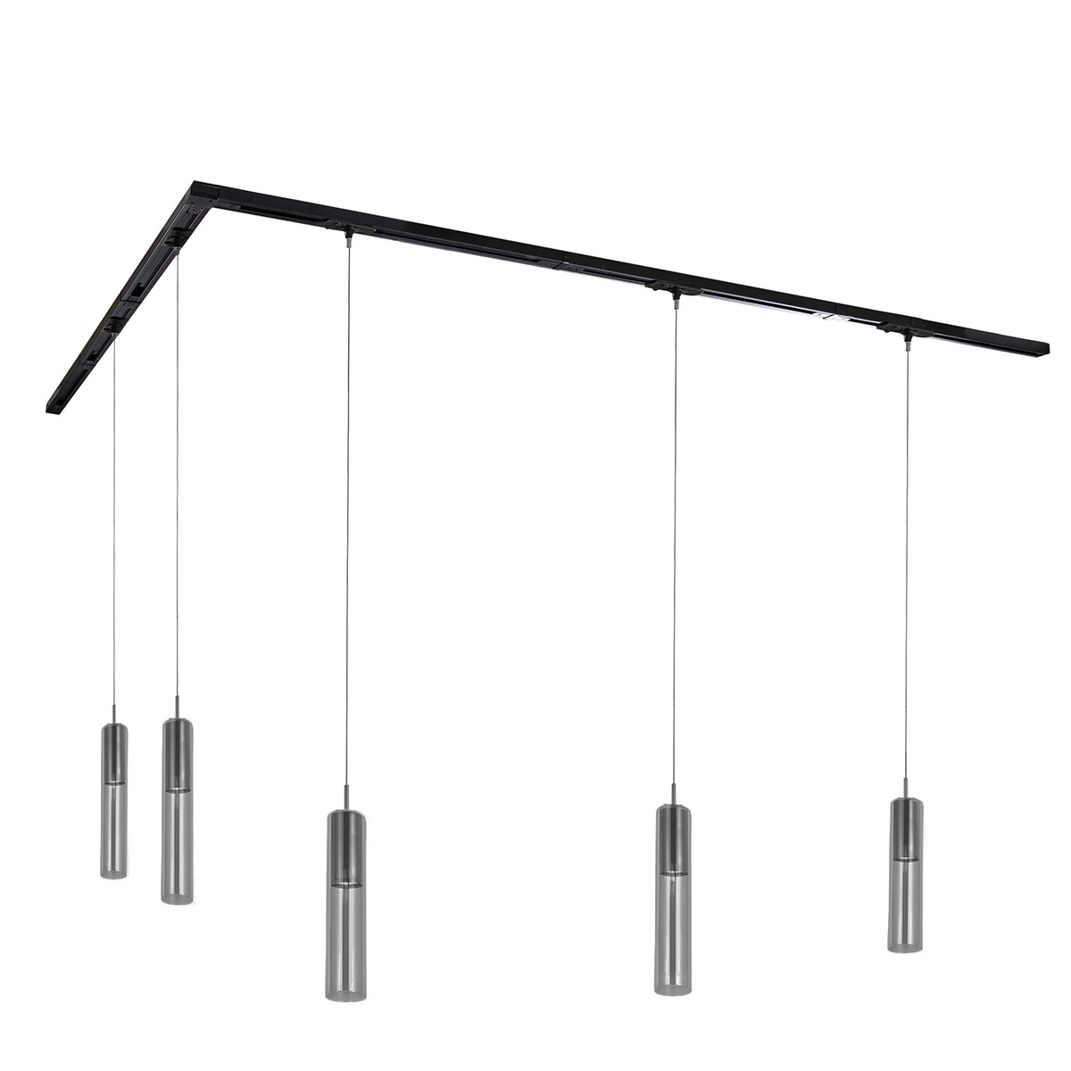 Système d'éclairage sur rail moderne avec 5 suspensions noires monophasées - Iconic Lloyd