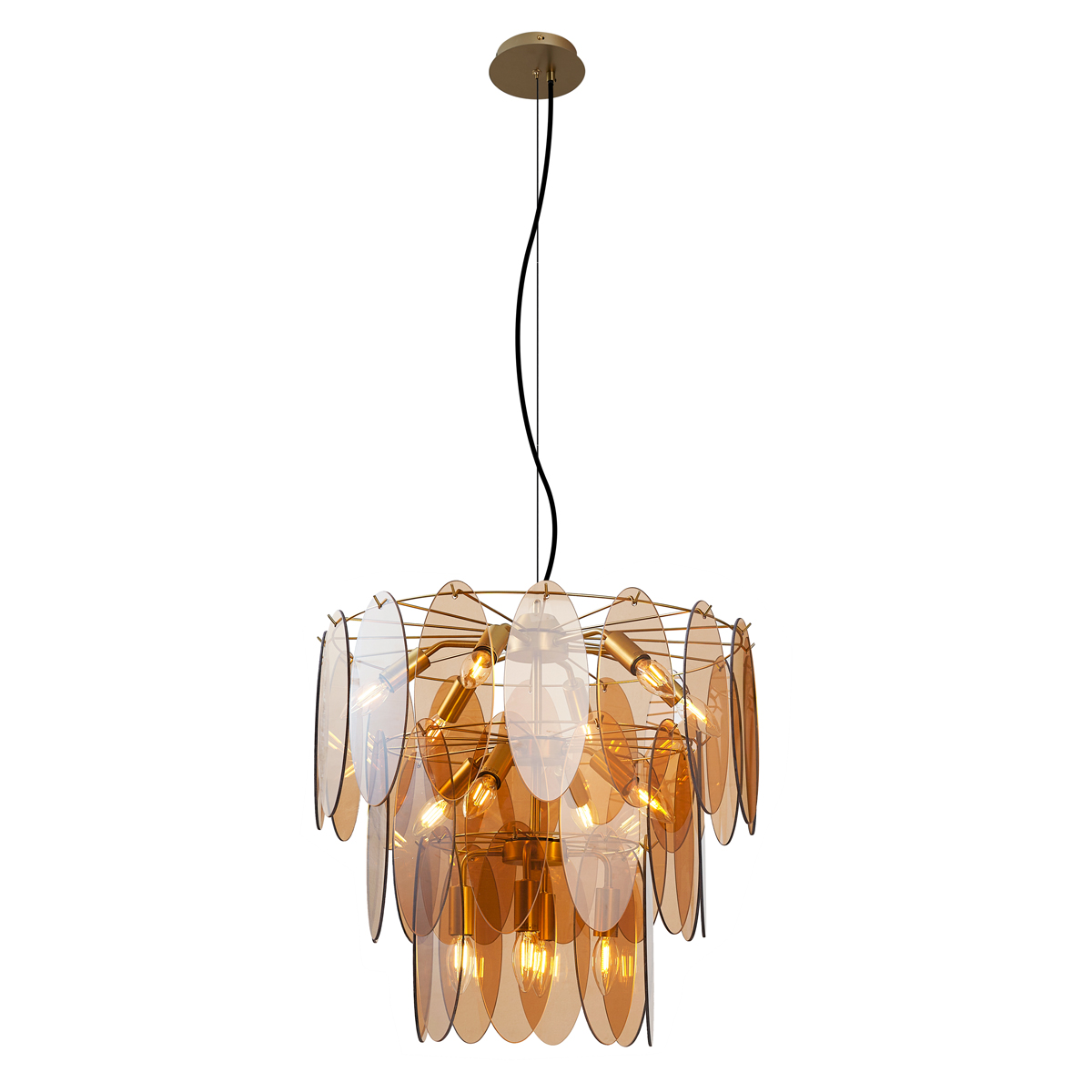 Závěsné svítidlo Art Deco zlaté s jantarovým sklem oválné 14-světelné - Mochan