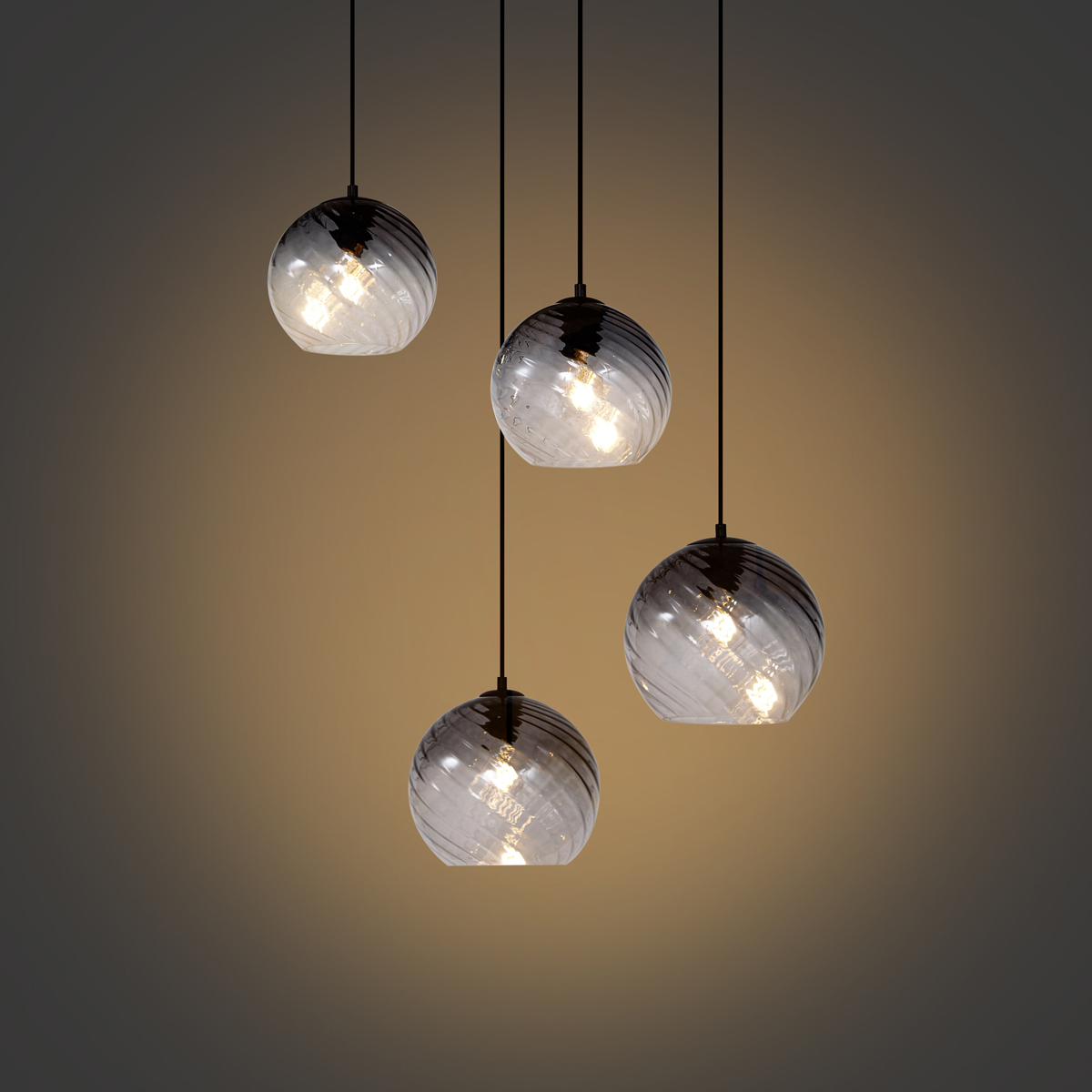 Lampada a sospensione Art Déco nera con vetro fumé rotondo a 4 luci - Bao