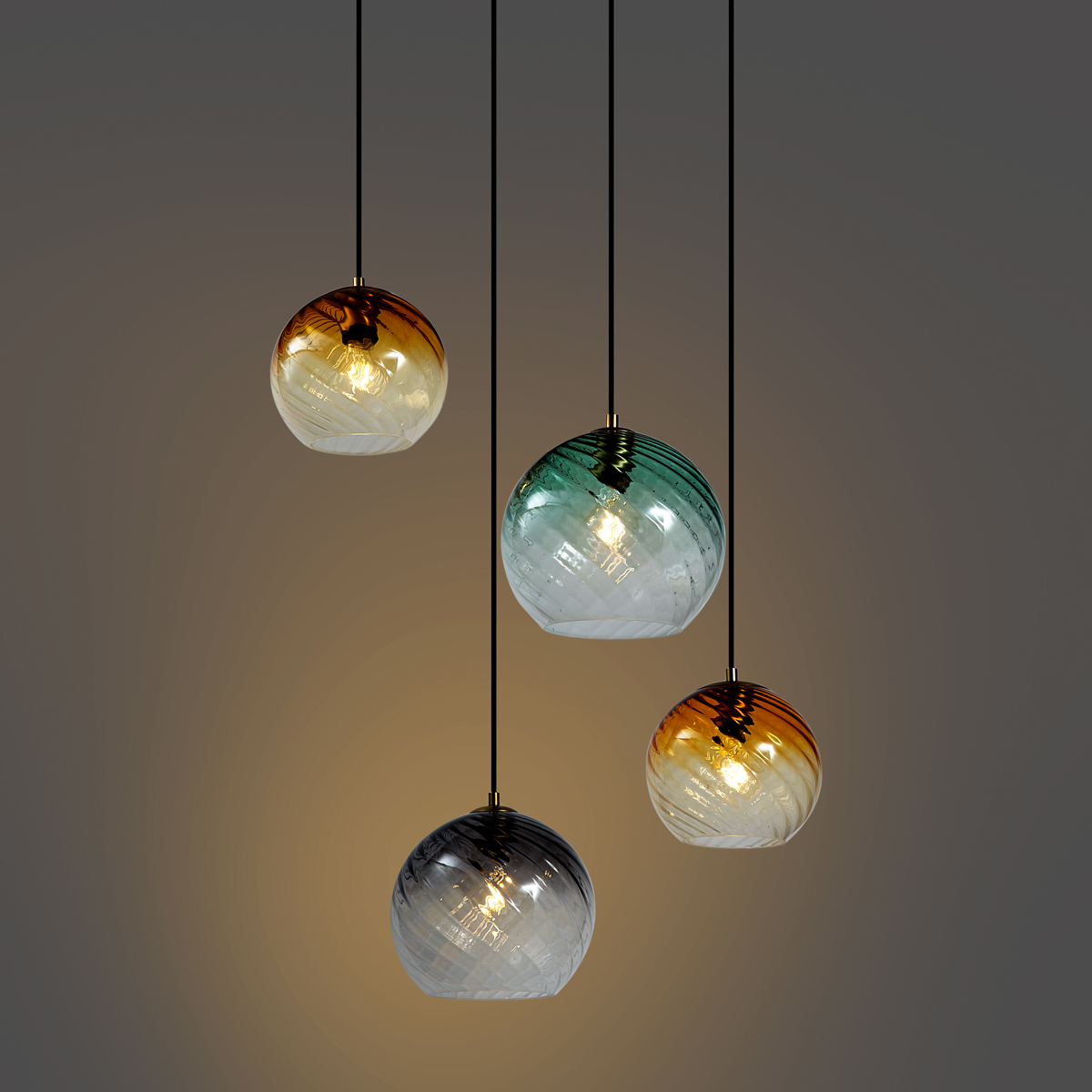 Lámpara colgante bronce con cristal ahumado ámbar y verde redonda 4 luces - Bao