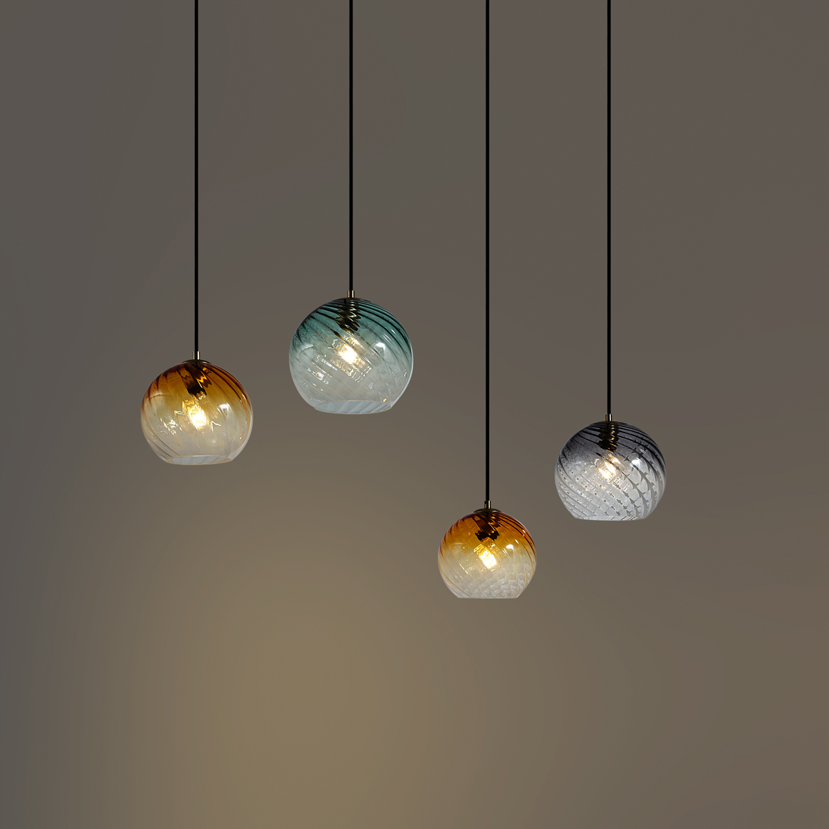 Suspension bronze avec verre fumé ambré et vert rectangulaire 4 lumières - Bao