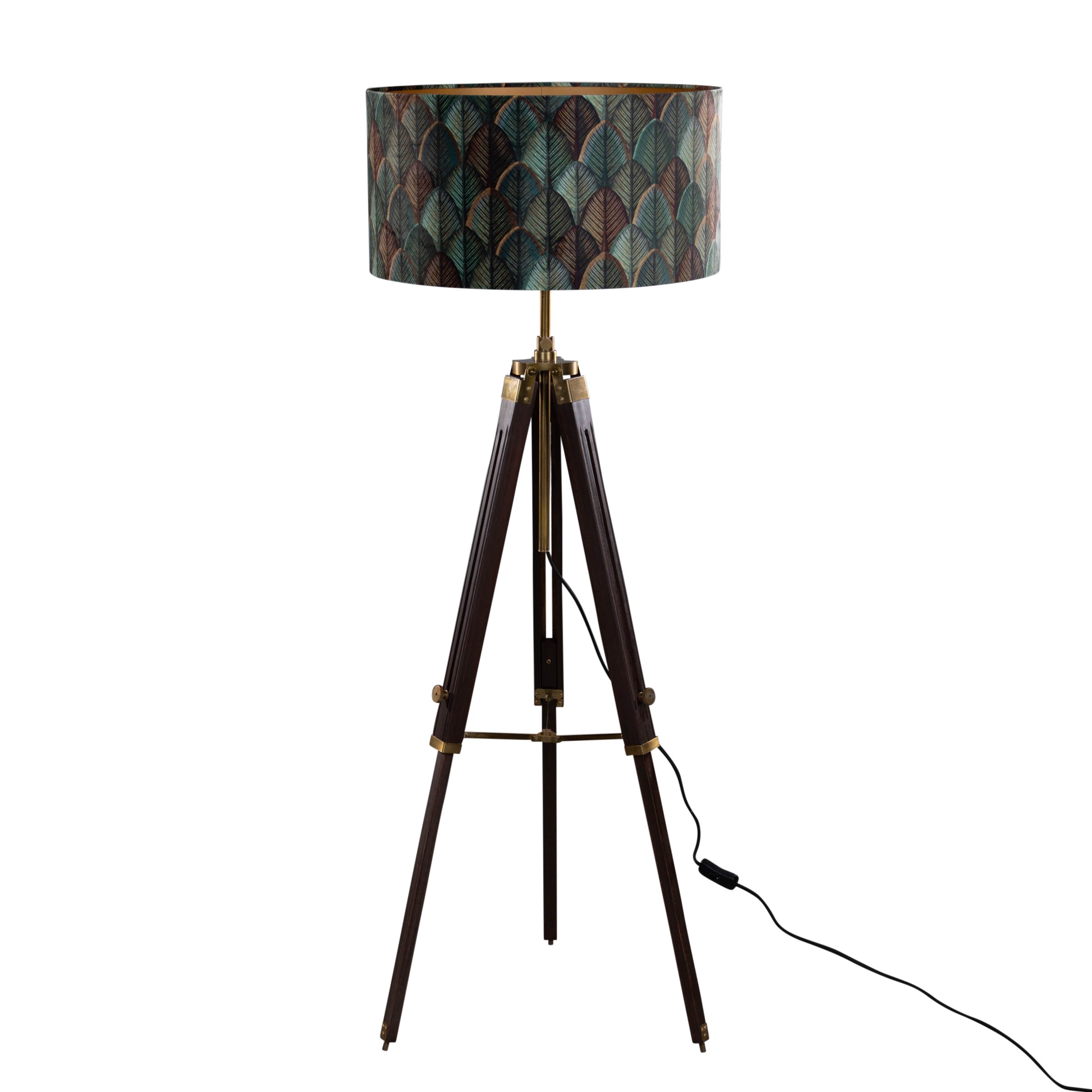 Mosadzná stojaca lampa na trojnožke s velúrovým tienidlom s dizajnom listov a zlatým vnútorným povrchom - Cortin Mosadzná stojaca lampa na trojnožke s velúrovým tienidlom s dizajnom listov a zlatým vnútorným povrchom - Cortin