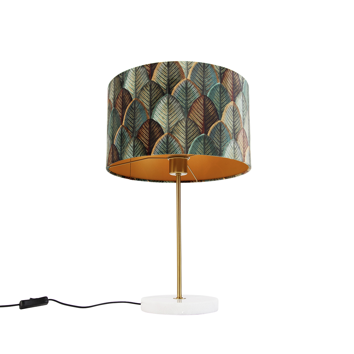 Lámpara de mesa de latón con pantalla de terciopelo, diseño de hojas e interior dorado - Kaso