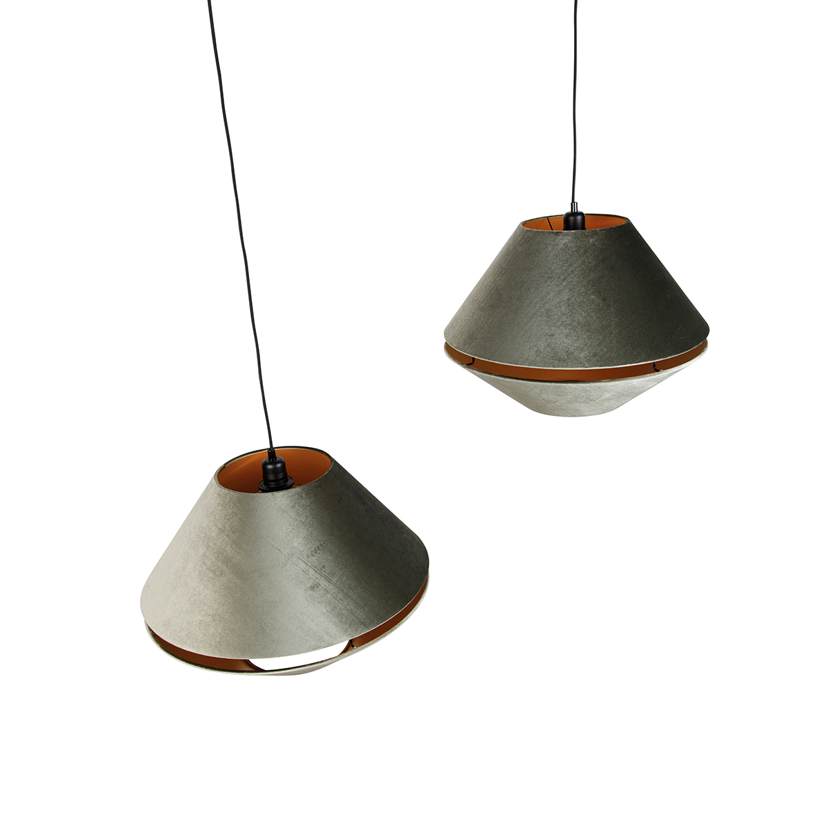 Lampada a sospensione nera con doppio paralume in velluto verde con interno dorato 2 luci - Cava Luxe