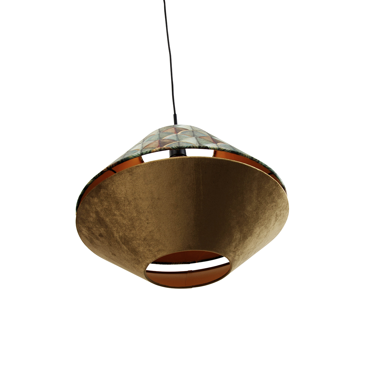Lámpara colgante negra con doble pantalla de terciopelo, diseño de hojas y beige - Combi 1