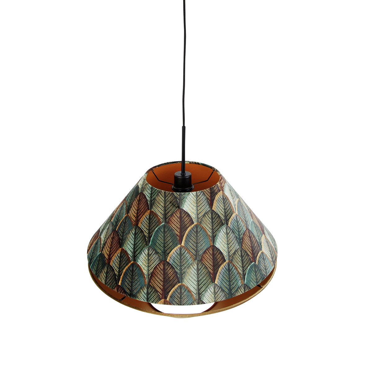 Lampada a sospensione nera con doppio paralume in velluto, motivo foglia e beige - Combi 1