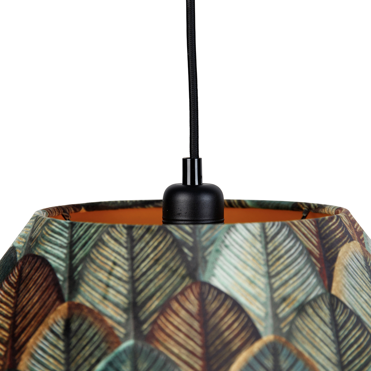 Lámpara colgante negra con doble pantalla de terciopelo, diseño de hojas y beige, 2 luces - Cava Luxe
