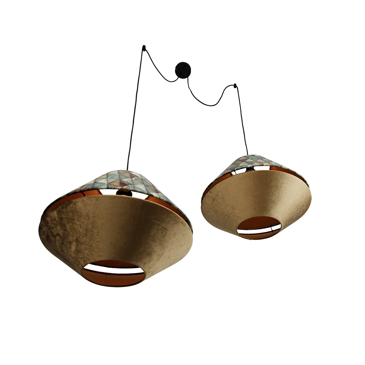 Lámpara colgante negra con doble pantalla de terciopelo, diseño de hojas y beige, 2 luces - Cava Luxe