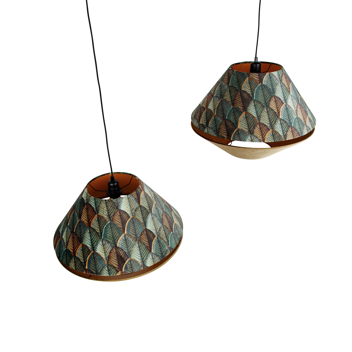 Lámpara colgante negra con doble pantalla de terciopelo, diseño de hojas y beige, 2 luces - Cava Luxe