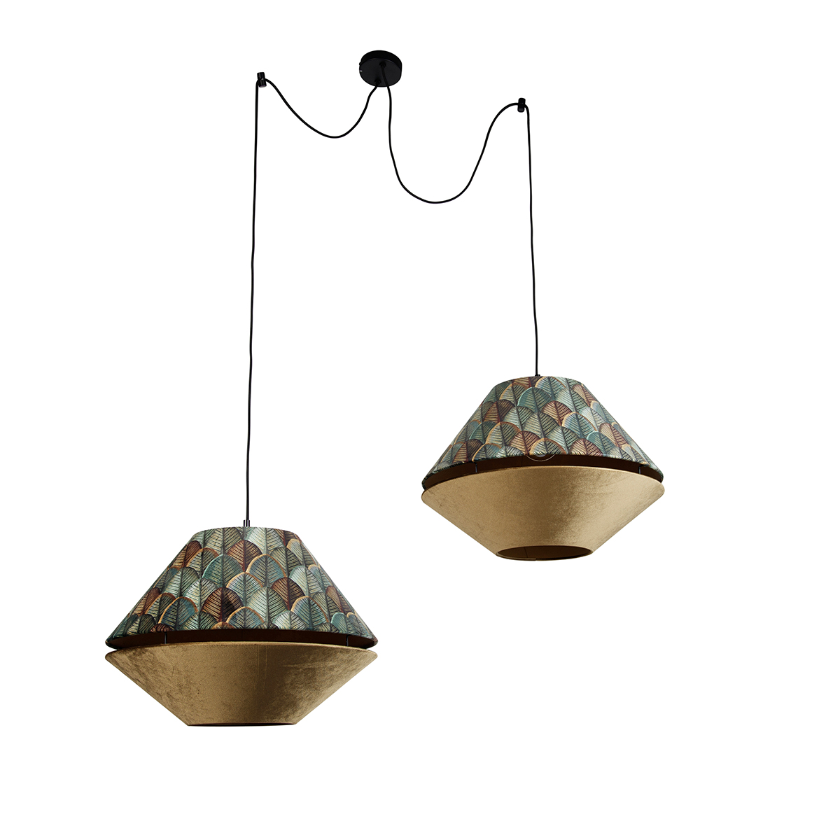 Suspension noire avec double abat-jour en velours, motif feuille et beige 2 lumières - Cava Luxe