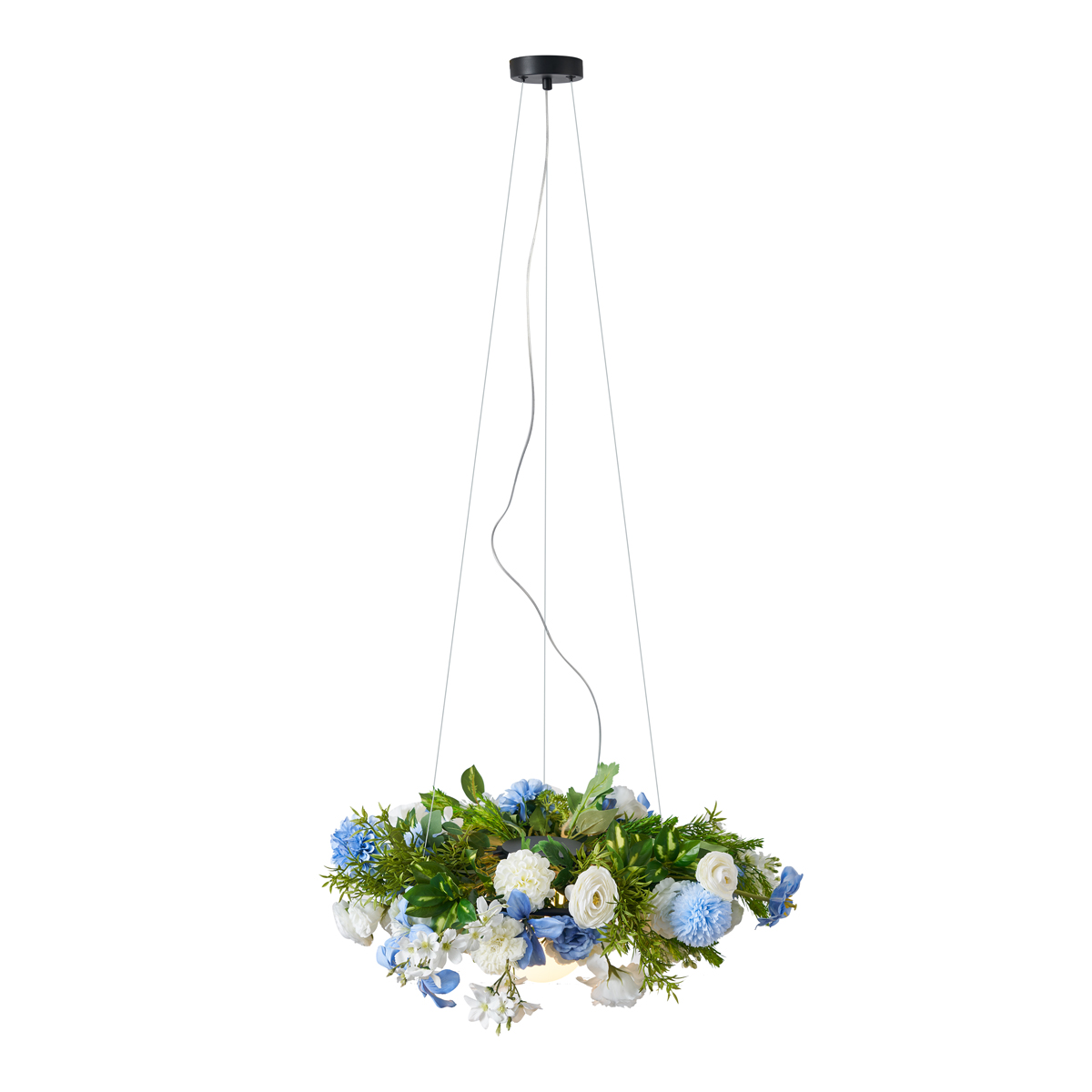 Suspension bohème noire avec fleurs colorées bleues et blanches - Flower Power