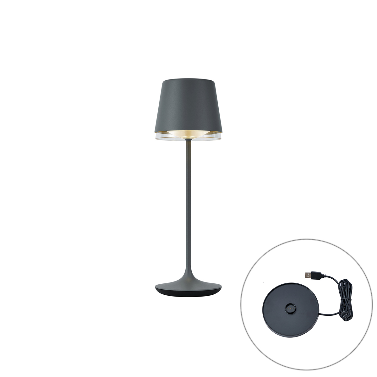 Asztali lámpa sötétszürke LED-del, IP65, újratölthető, töltőállomással - Bass