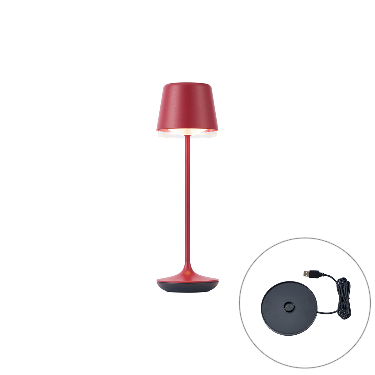 Piros asztali lámpa LED-del, IP65, újratölthető, töltőállomással - Treble