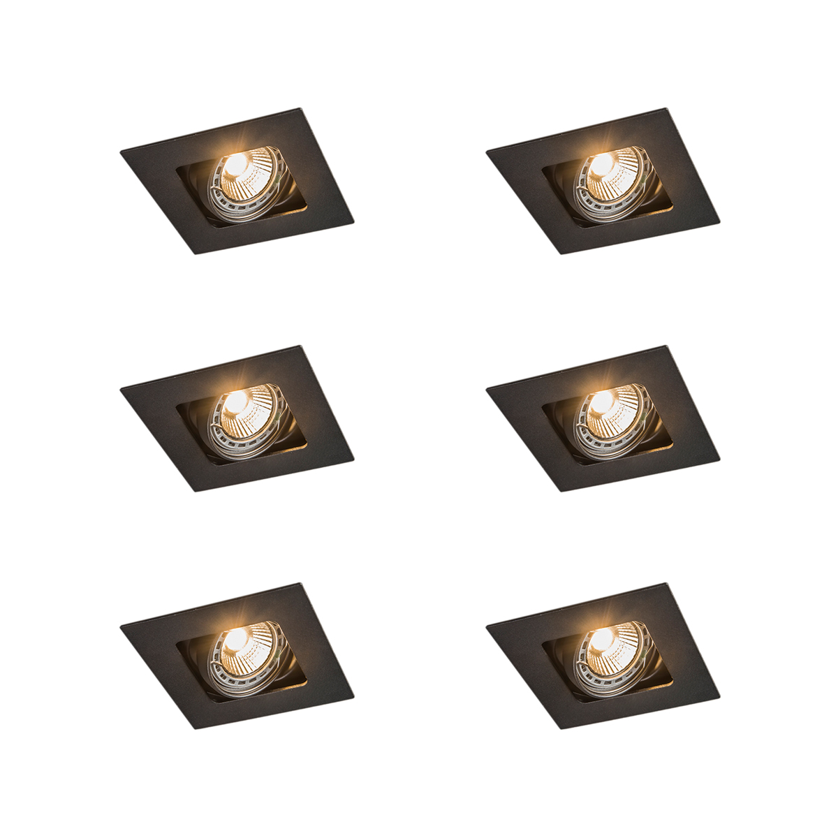 Sada 6 štvorcových zapustených bodových svetiel čierna nastaviteľná - Artemis