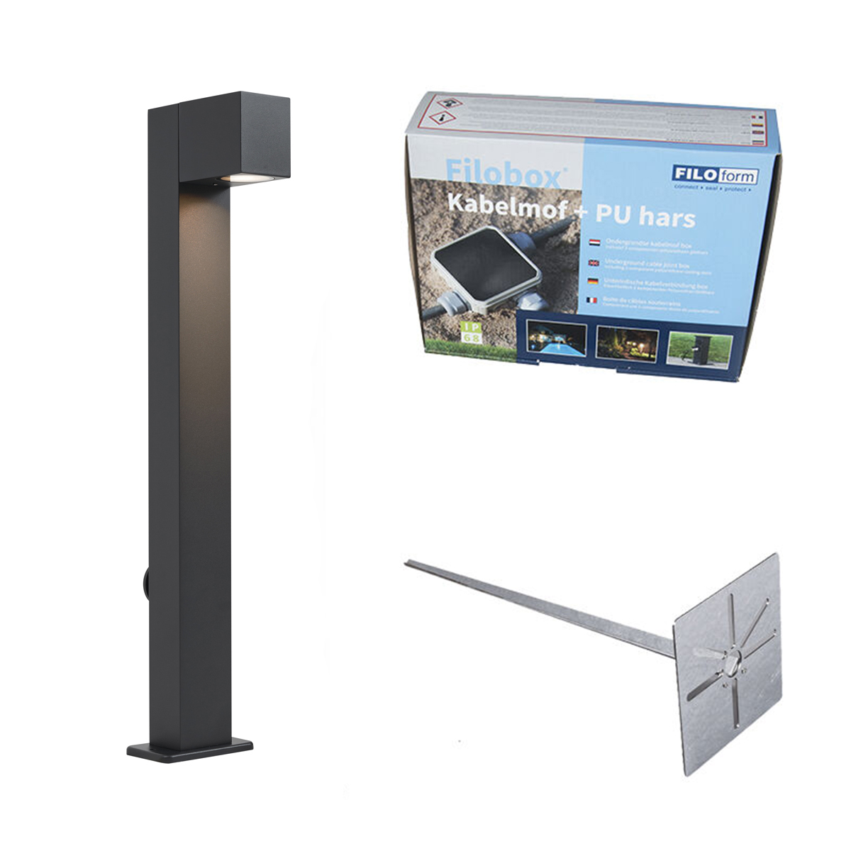 Kültéri lámpa fekete színben, földbe szúrható tüskével és kábeltömítéssel, 65 cm, foglalattal, IP44 - Baleno