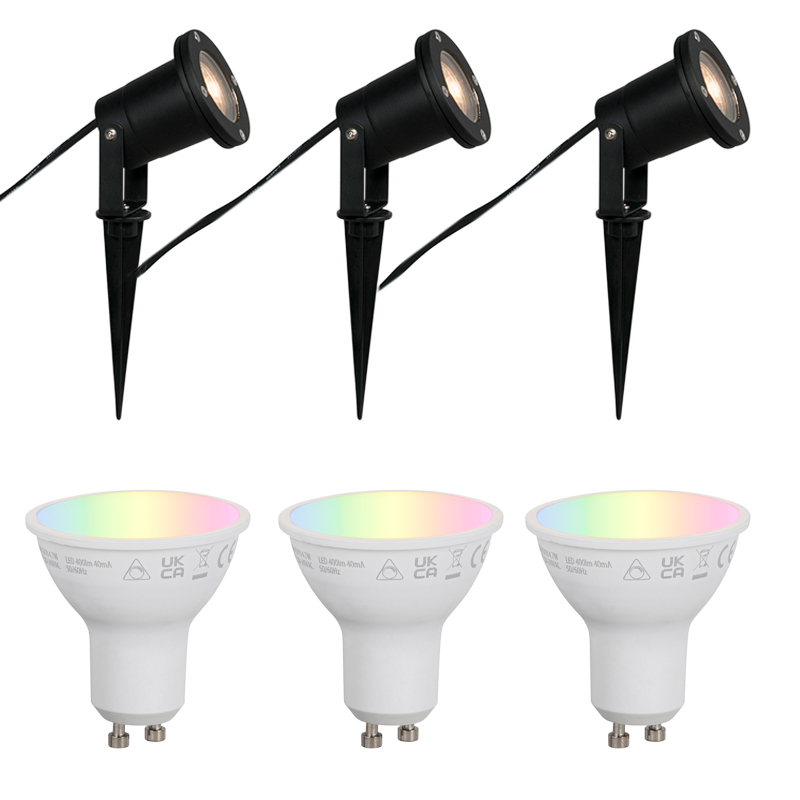 Sada 3 inteligentných záhradných reflektorov čierna vrátane kábla a zástrčky 200 cm IP65 - Basic