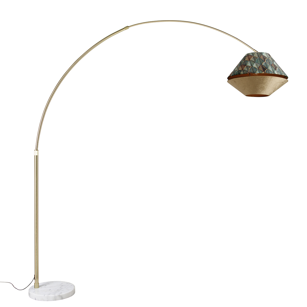 Lampă arcuită din alamă cu abajur dublu din catifea albă cu design de frunze și bej - XXL