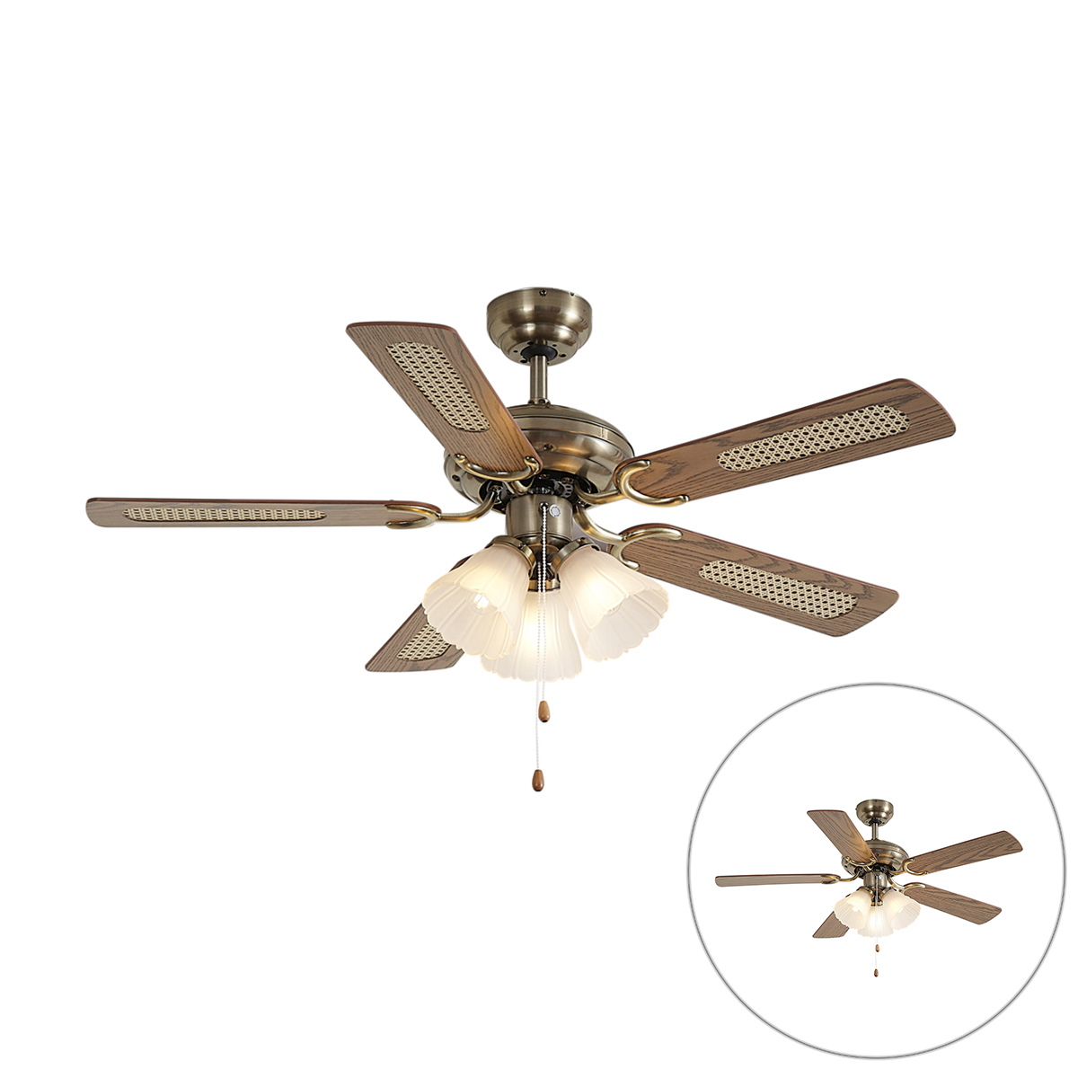 Mosazný stropní ventilátor s dřevěným potiskem a ratanem 105 cm s tahovým spínačem - Mistral Lia