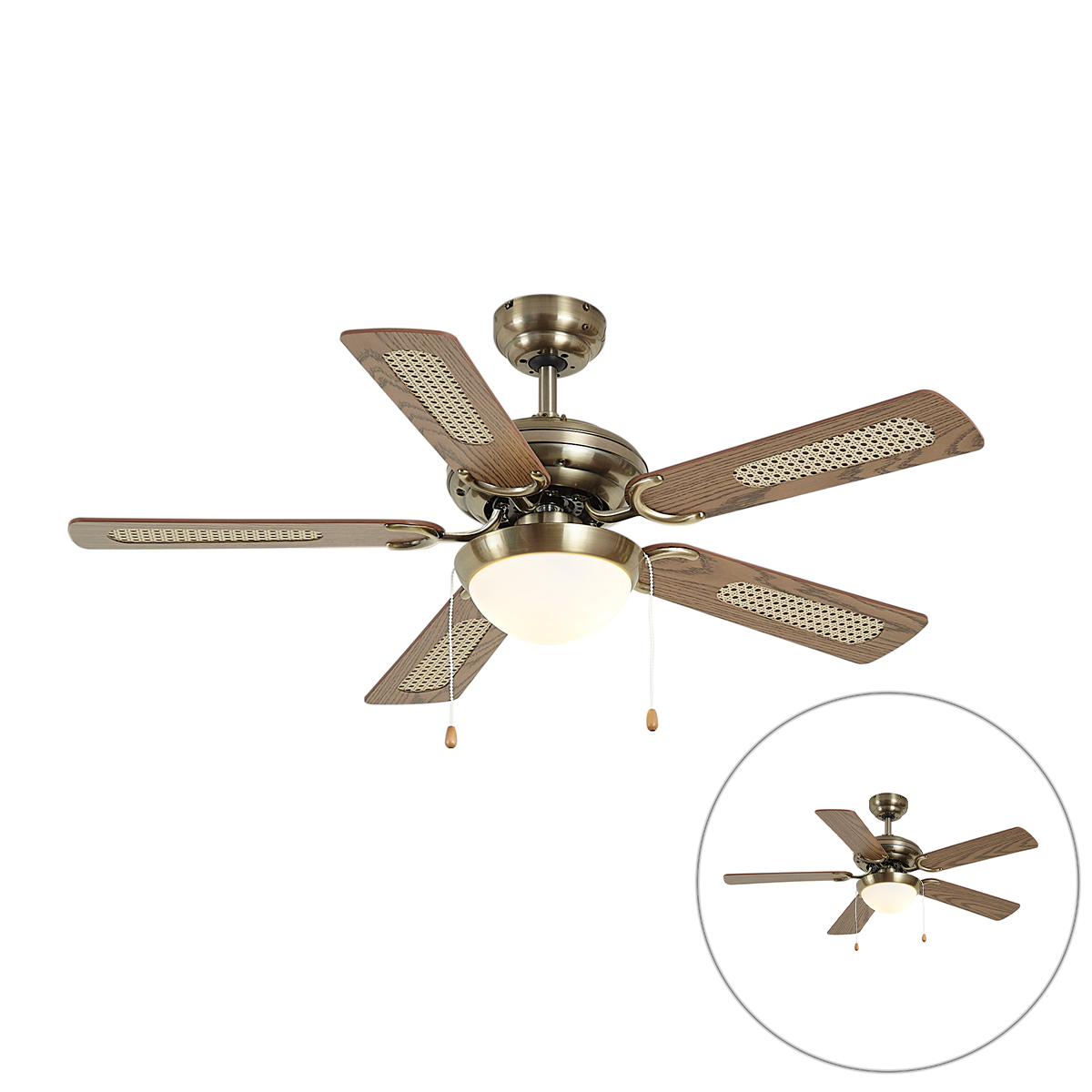 Stropní ventilátor mosazný s potiskem dřeva a ratanem 105 cm s tahovým spínačem - Mistral Majas