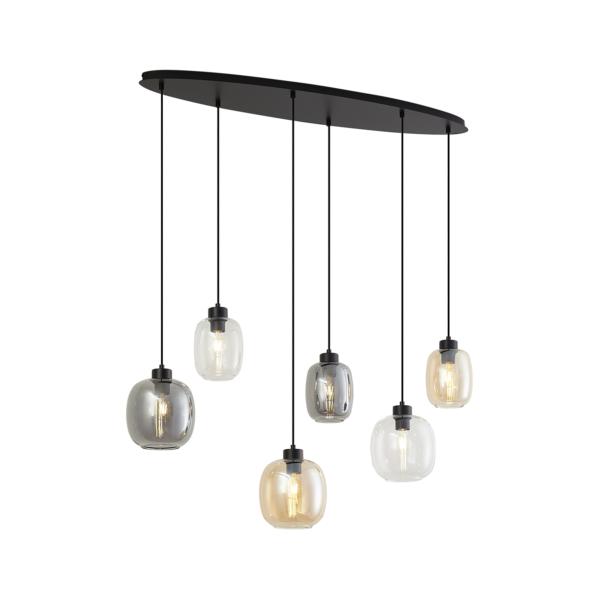 Függőlámpa fekete borostyán, füst és átlátszó üveggel 6-lámpás - Elena
