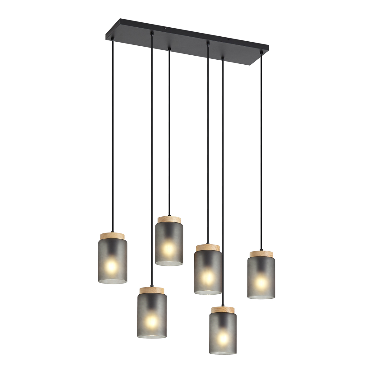 Modern függőlámpa fekete fa és matt szürke üveggel, 6 ágú - Umbra
