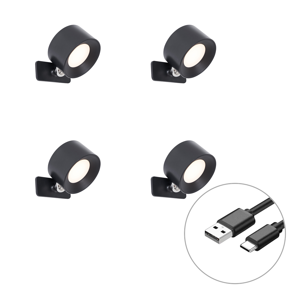 4 darabos modern fekete fal- és mennyezeti lámpakészlet, LED-del, újratölthető - Bright