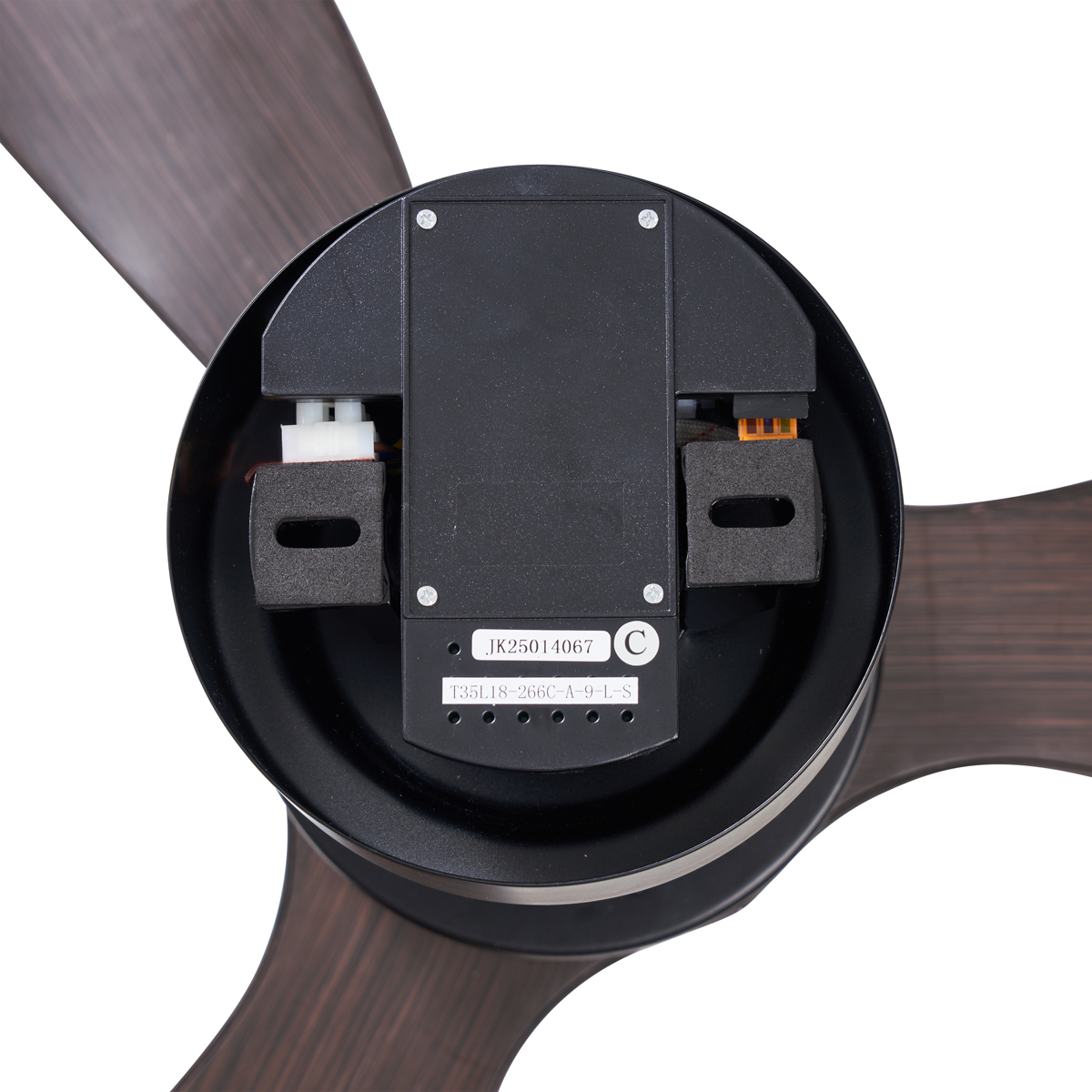 Ventilatore da soffitto smart nero con stampa legno