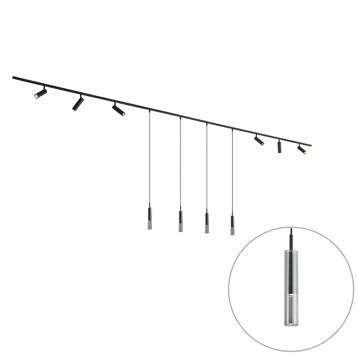 Modern fekete sínrendszer 6 spotlámpával és 4 függőlámpával, 1 fázisú - Slimline Uzzy Loyce