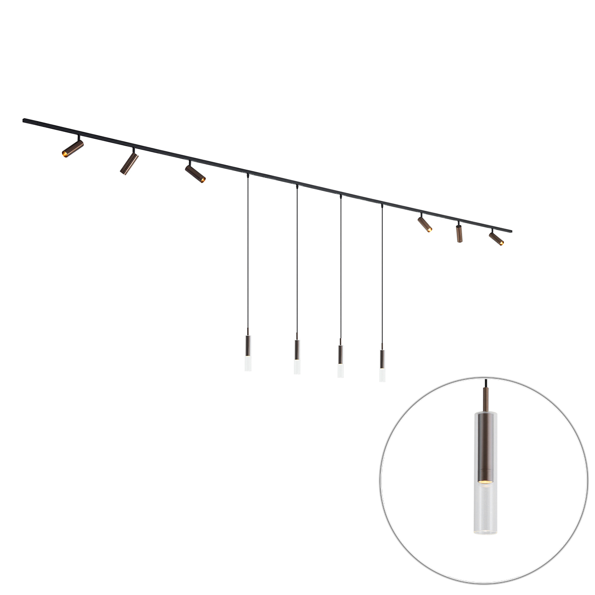 Modern fekete sínrendszer 6 spotlámpával és 4 függőlámpával, sötét bronz színben, 1 fázisú - Slimline Uzzy Loyce