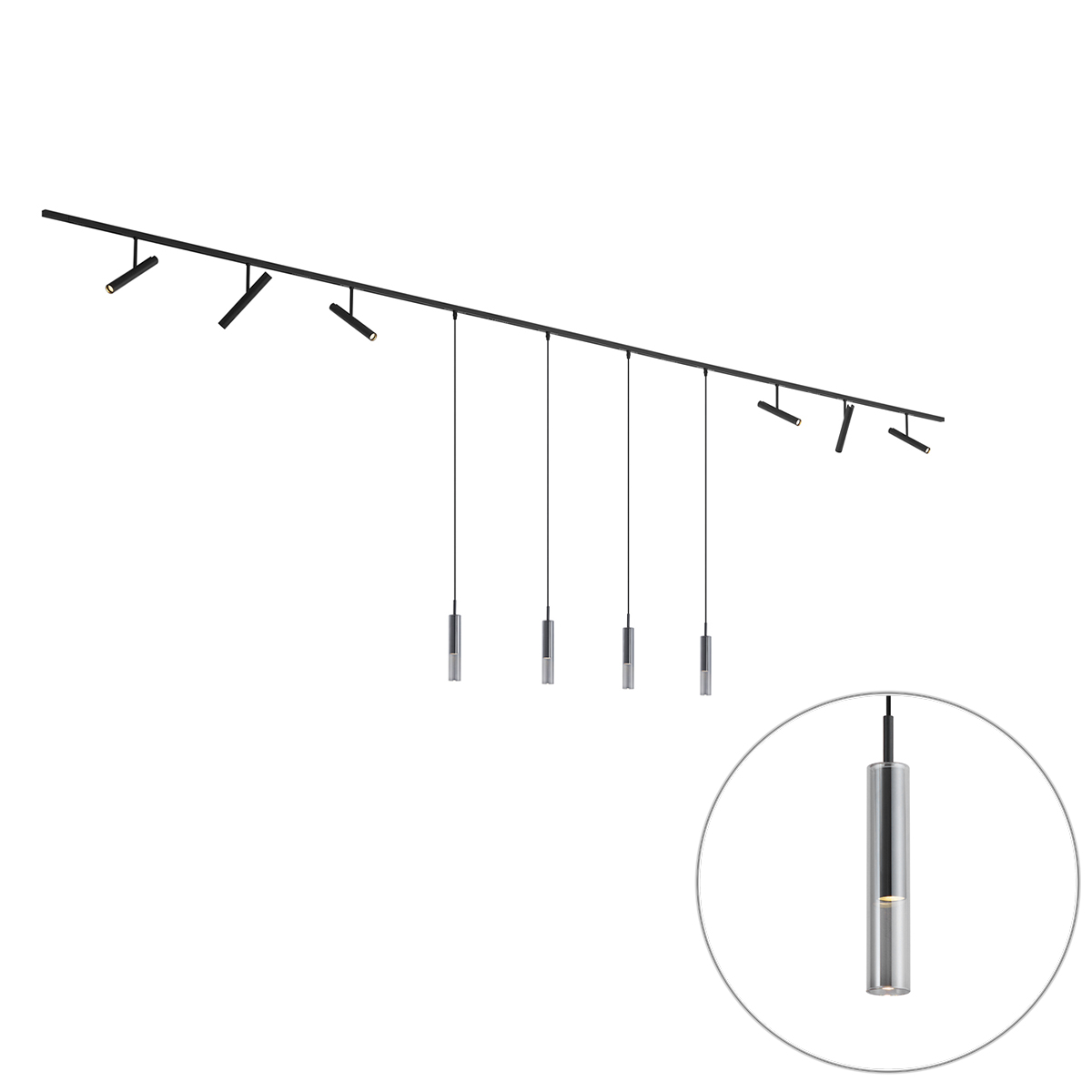Modern fekete sínrendszer 6 spotlámpával és 4 fekete függőlámpával, 1 fázisú - Slimline Avery Loyce
