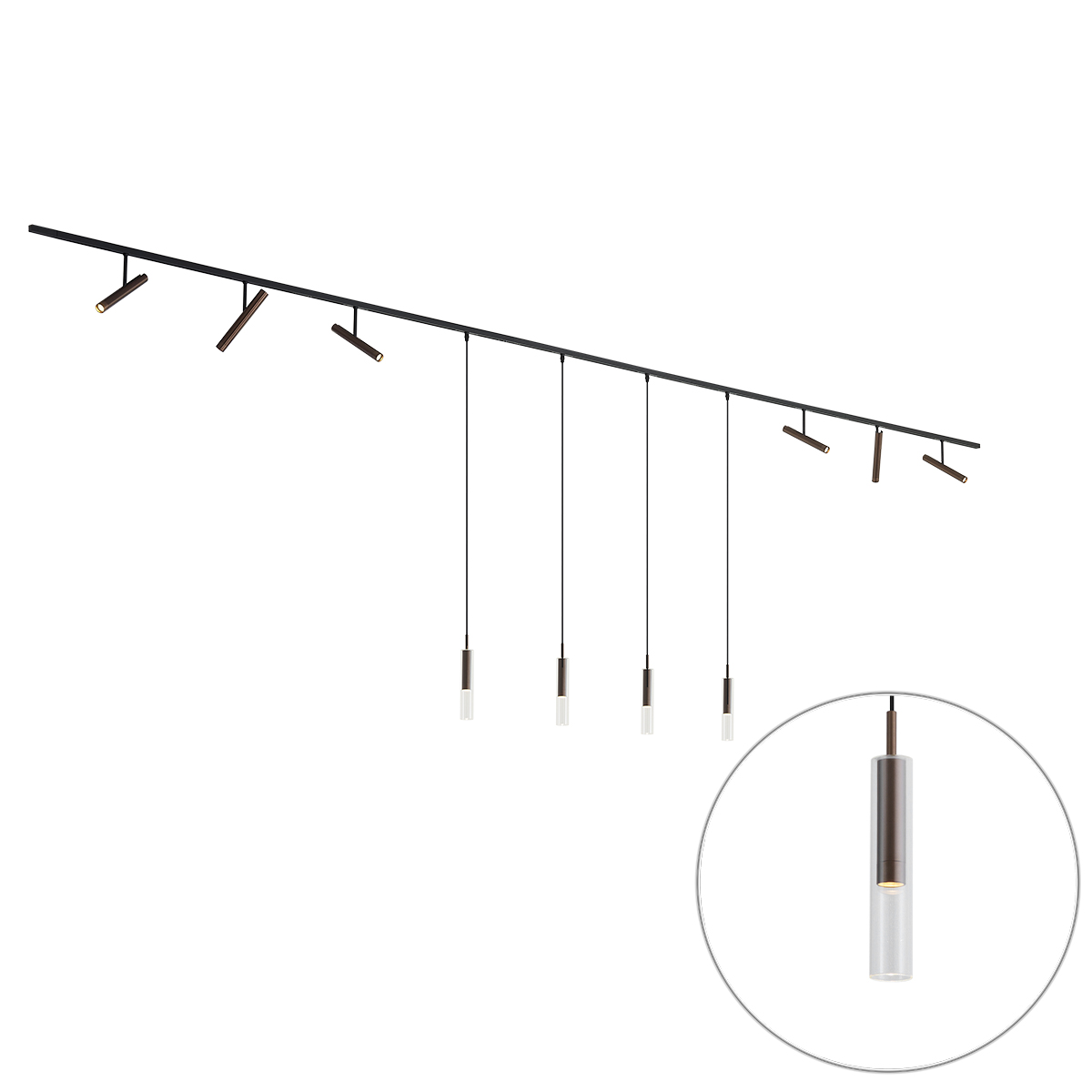 Modern fekete sínrendszer 6 spotlámpával és 4 függőlámpával, sötét bronz színben, 1 fázisú - Slimline Avery Loyce