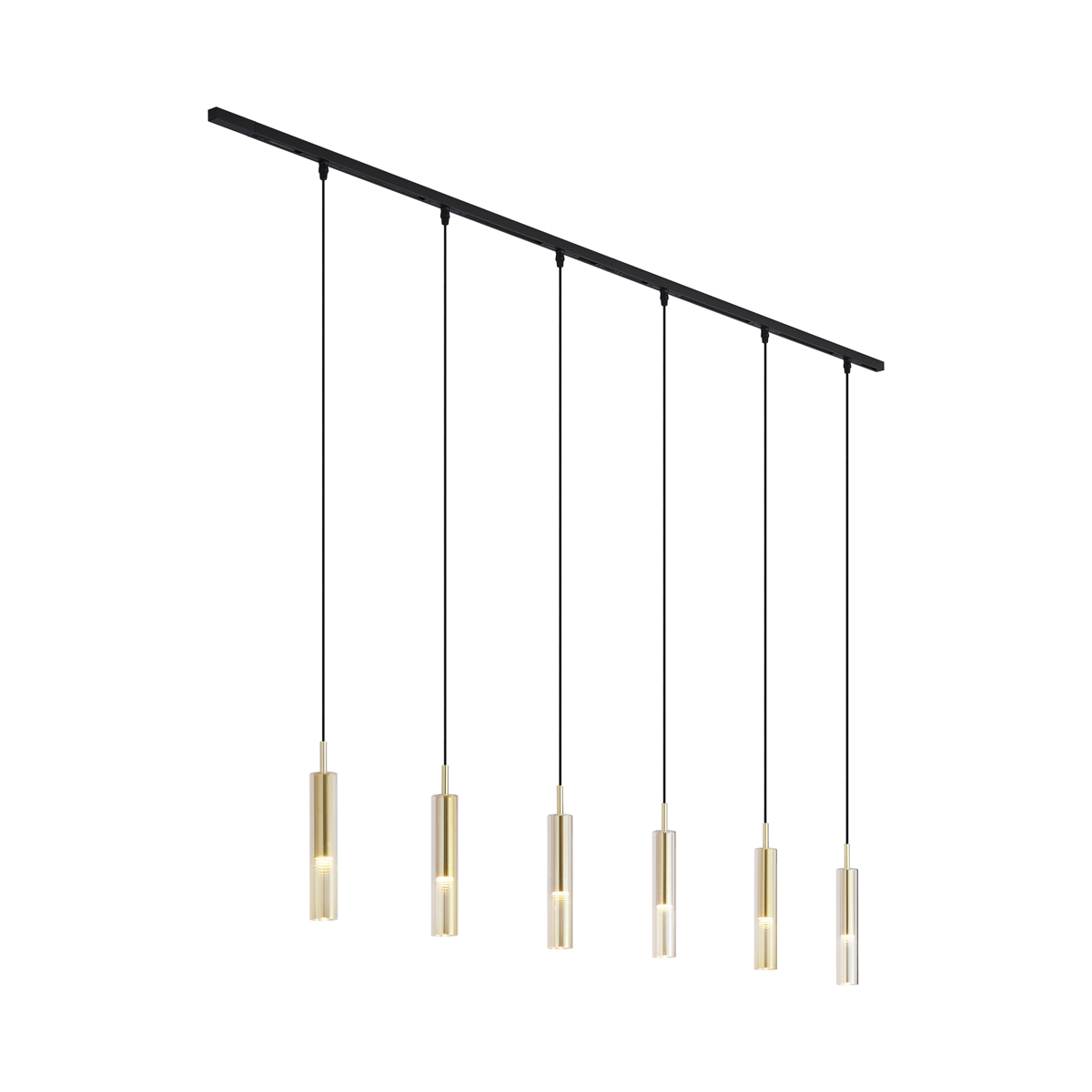 Modern fekete sínrendszer 6 függőlámpával, arany színben, borostyán üveggel, 1 fázisú - Slimline Loyce
