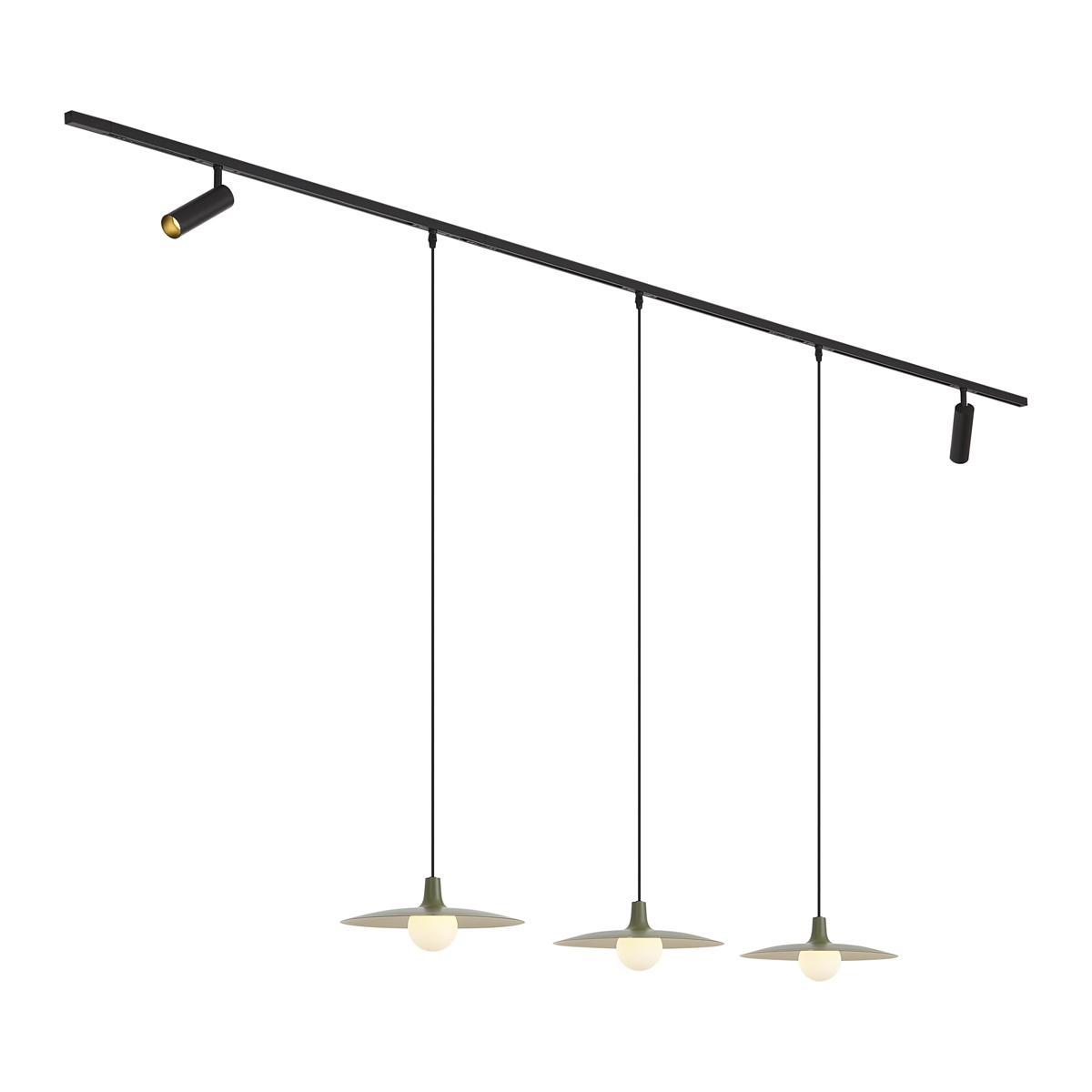 Modern fekete sínrendszer 2 spotlámpával és 3 zöld függőlámpával, 1 fázisú - Slimline Uzzy Panzi