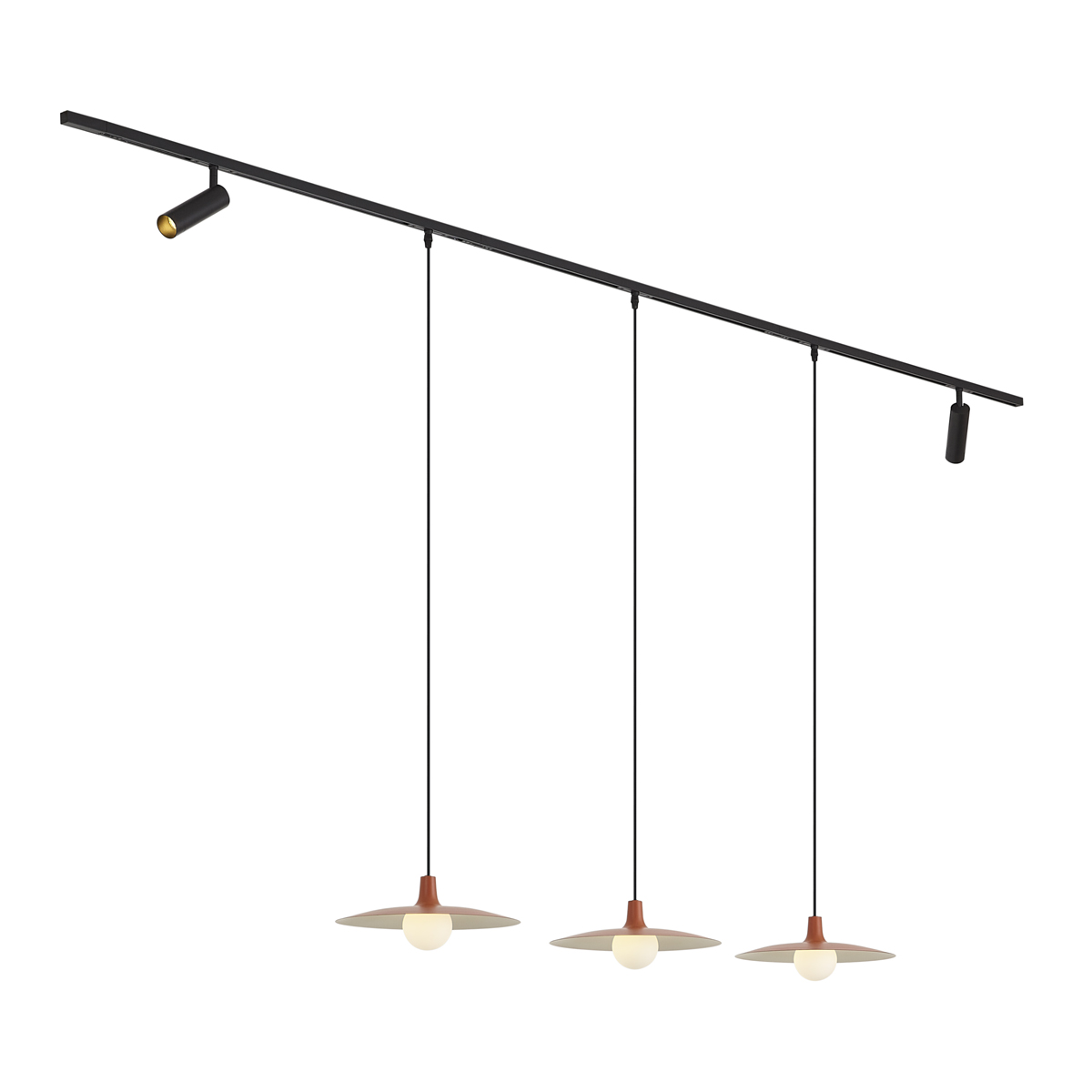 Modern fekete sínrendszer 2 spotlámpával és 3 narancssárga függőlámpával, 1 fázisú - Slimline Uzzy Panzi