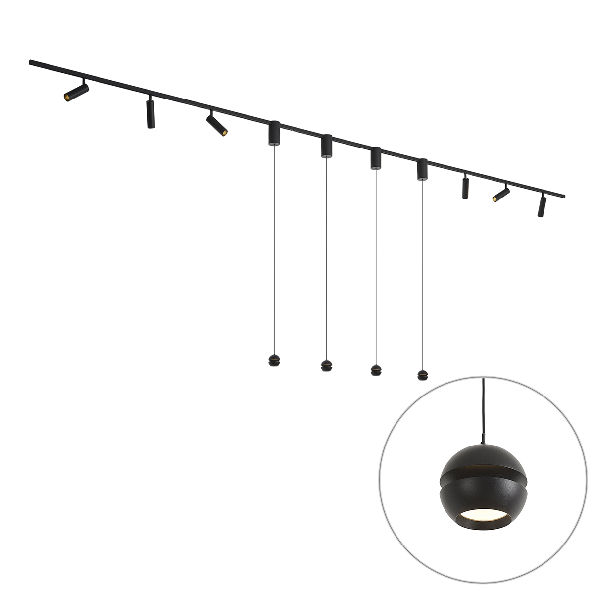 Modern fekete sínrendszer 6 spotlámpával és 4 függőlámpával Easylift 1 fázisú - Slimline Uzzy Tira