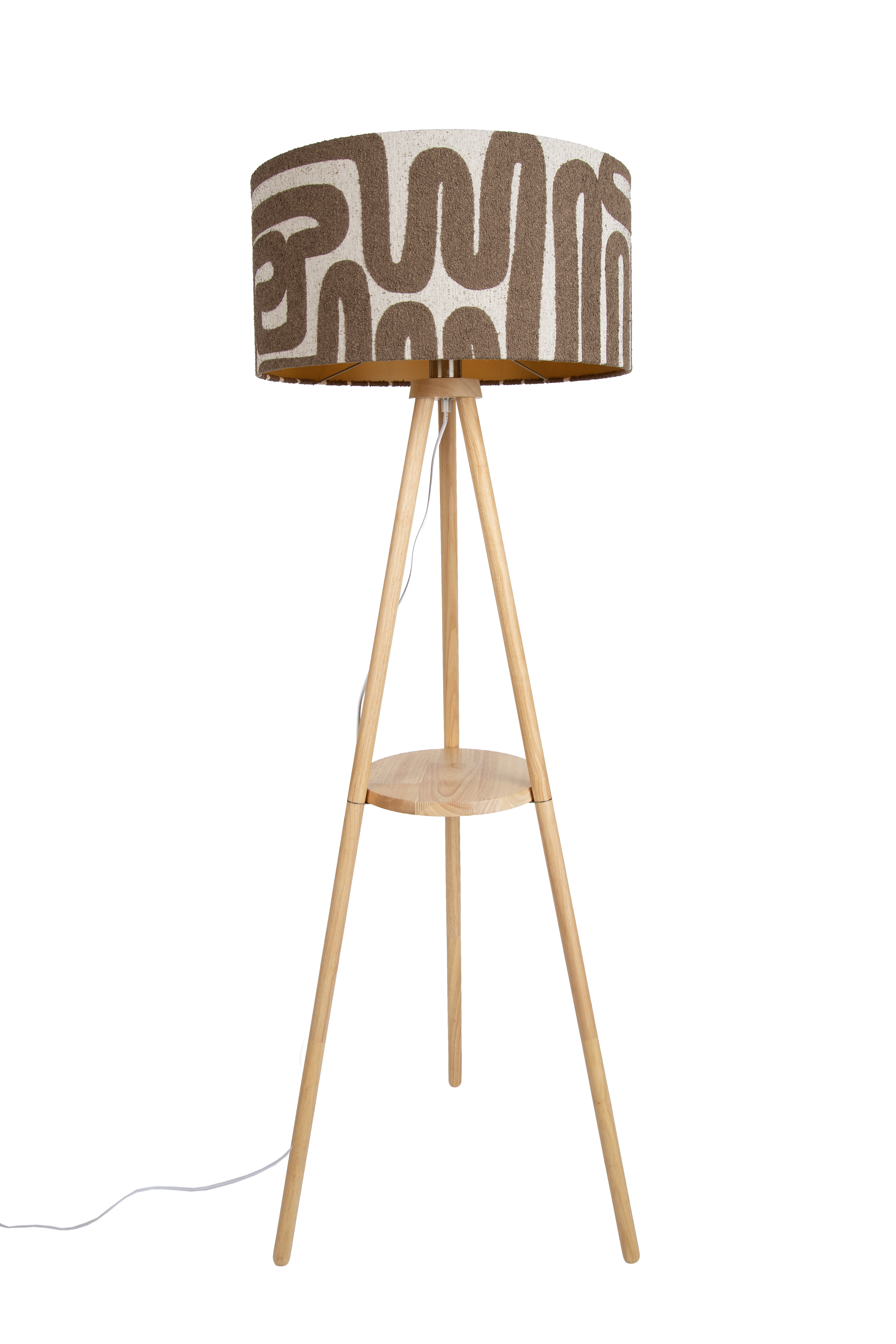 Háromlábú fa állólámpa csíkos bézs és barna színű 50 cm-es lámpabúrával - Lou