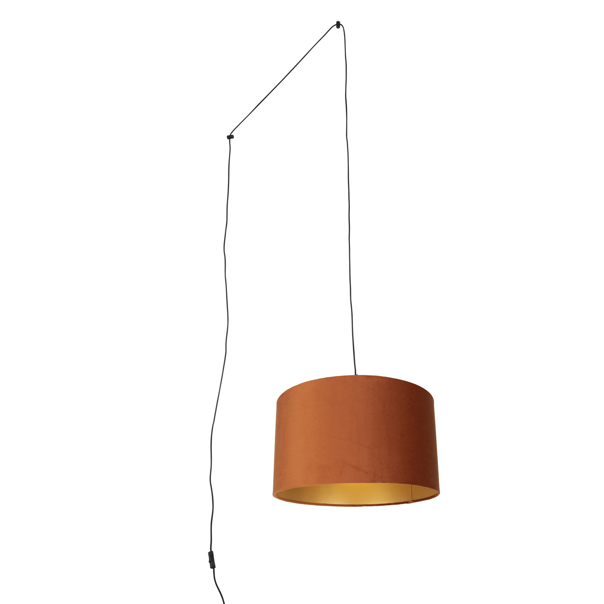 Závěsná lampa černá se zástrčkou a oranžovým stínidlem se zlatým vnitřkem 35cm - Cavalux