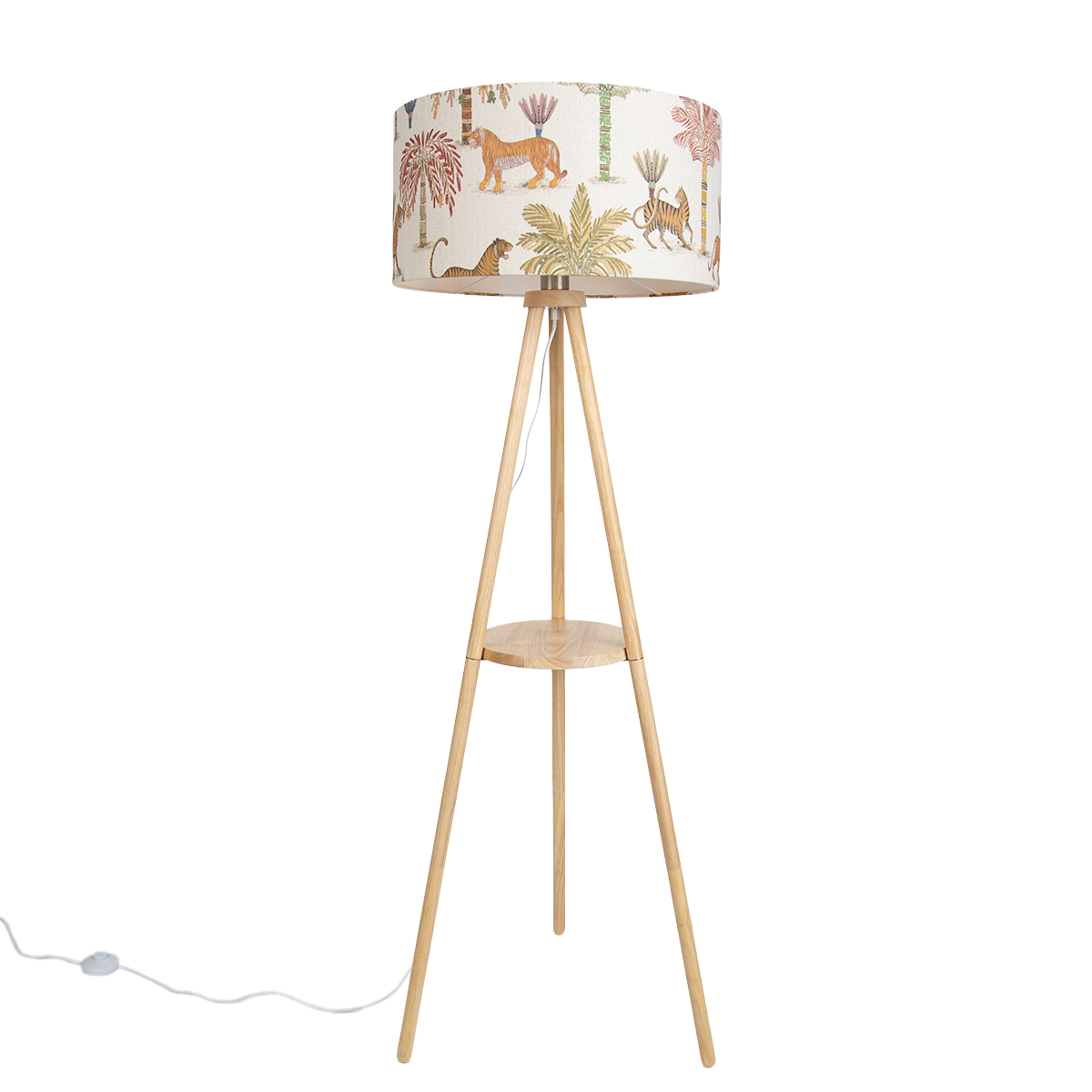 Vloerlamp hout tripod met multicolor kap met dierenprint 50cm - Lou