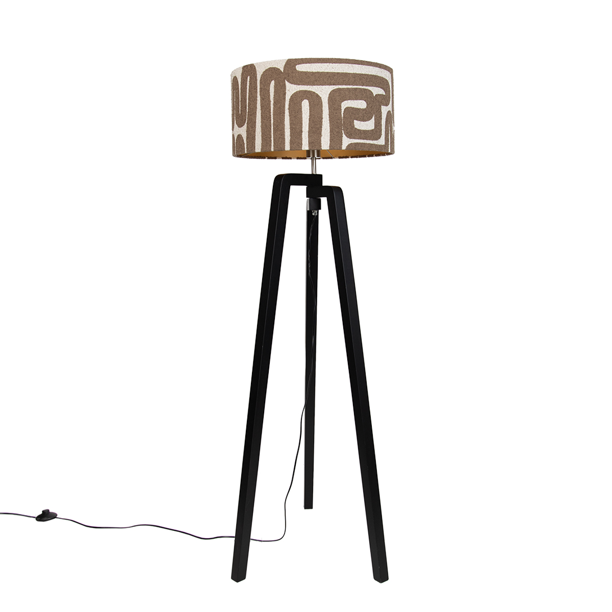 Vloerlamp zwart tripod met bruin en beige gestreepte kap 50cm - Puros