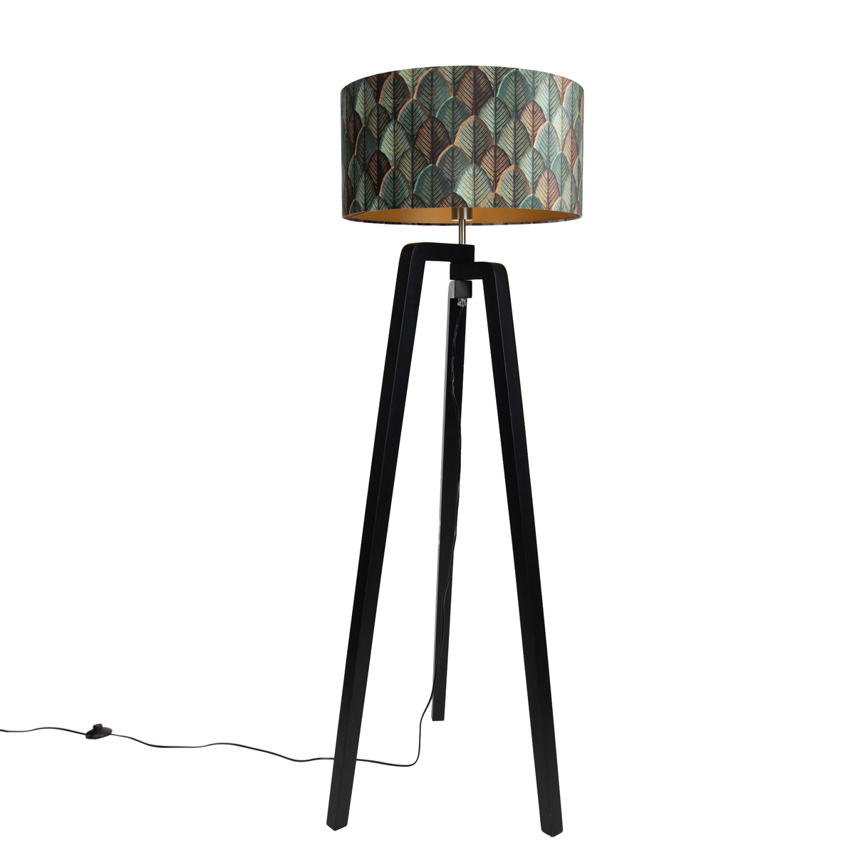 Vloerlamp zwart tripod met kap blad dessin en gouden binnenkant 50cm - Puros
