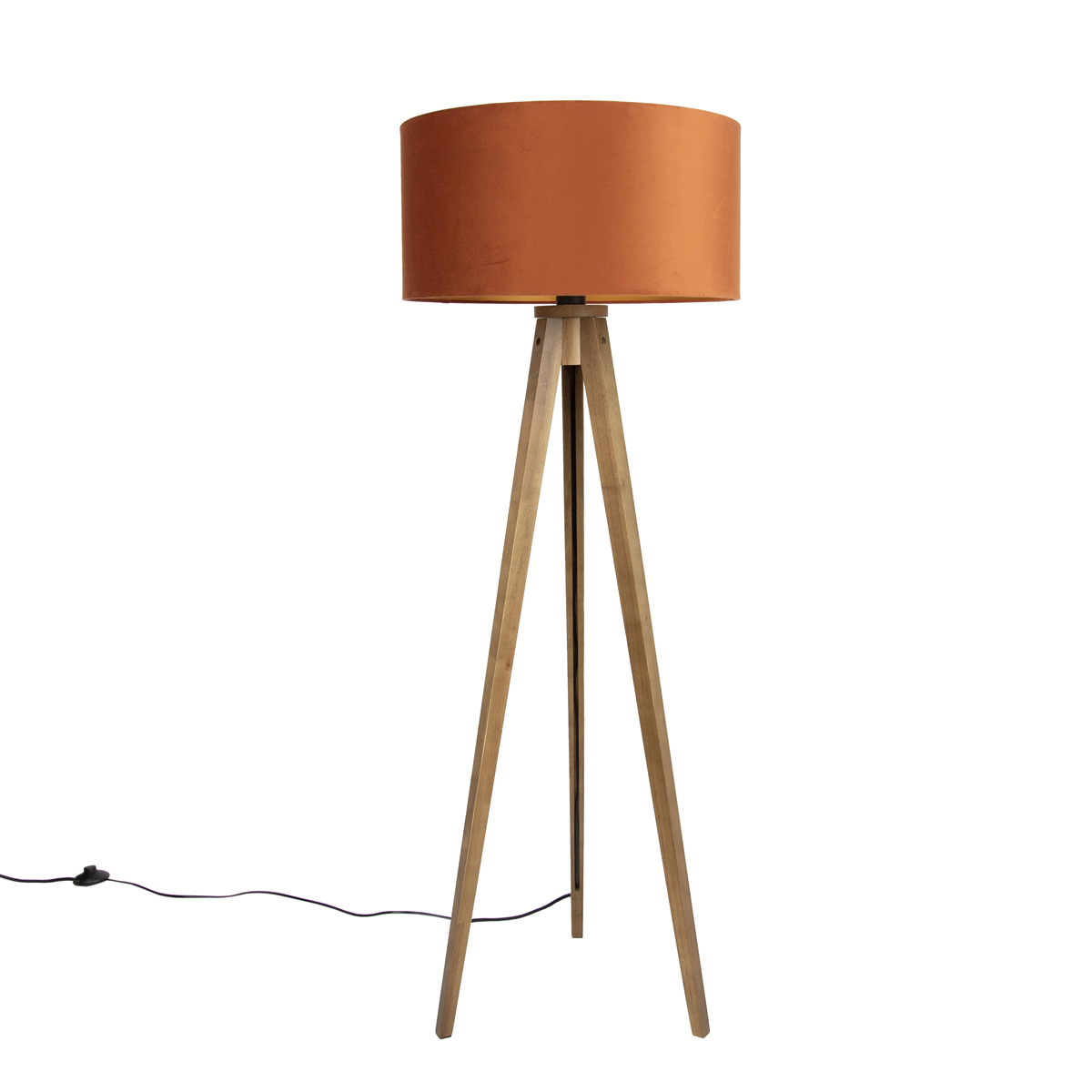 Vloerlamp hout met kap oranje een gouden binnenkant 50cm - Tripod Classic